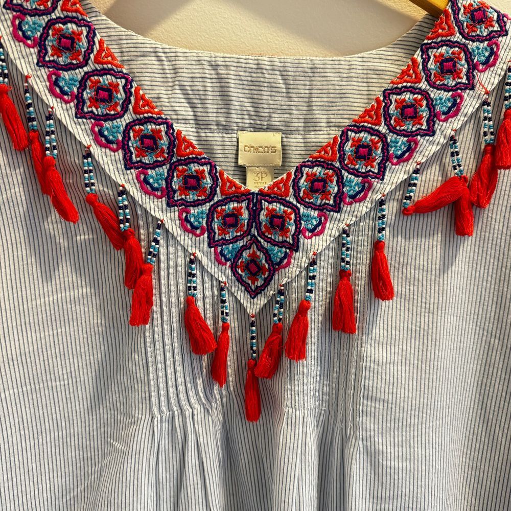 CHICO'S Pinstriped Embroidered Tassel Trim Beaded Peasant Top Size 3P Large Boho - Picture 3 of 11